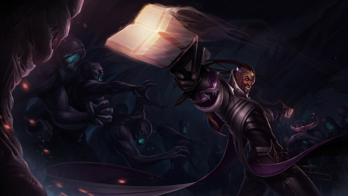 Draven from League of Legends fighting shadowy creatures
