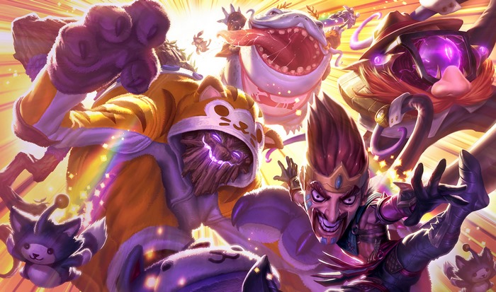 League of Legends characters in a chaotic, colorful scene