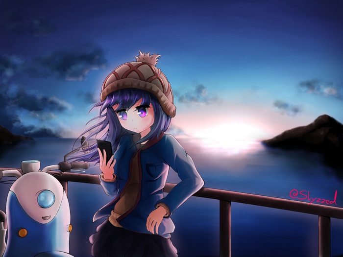 Rin Shima from Yuru Camp looking at her phone by the sea