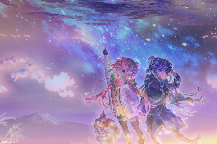 Two girls and a creature under a starry sky