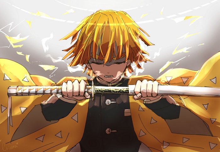 Zenitsu Agatsuma with Sword and Determined Expression