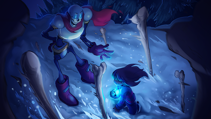 Papyrus and Child with Blue Glowing Orb at Night