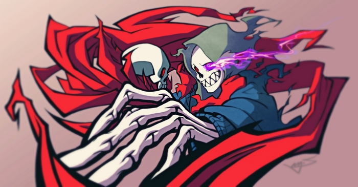 Two skeletons with red capes and glowing eyes