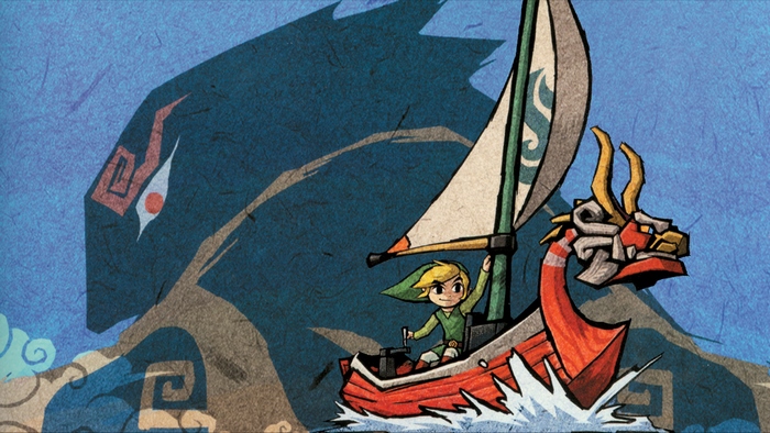 Link sailing the King of Red Lions with Ganondorf's shadow behind