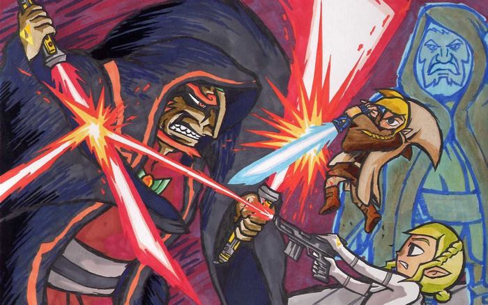 Ganondorf and Link from The Legend of Zelda with lightsabers