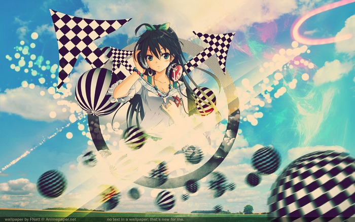Anime girl with headphones and checkered arrows