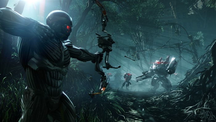Prophet from Crysis aiming a bow at mechs in a forest