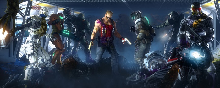 Duke Nukem and other video game characters in a battle