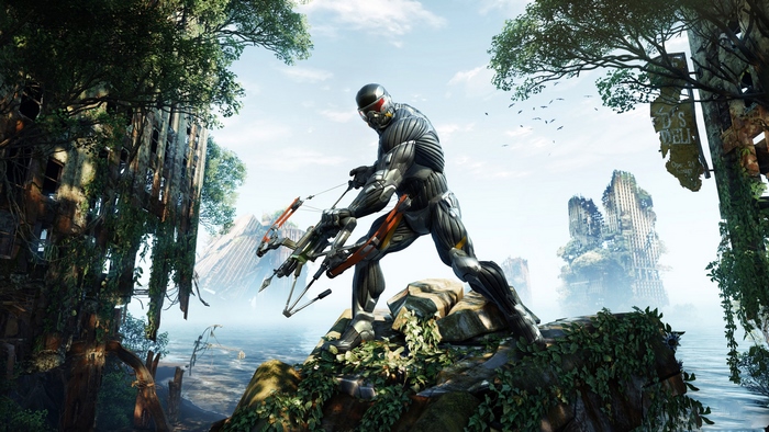 Prophet from Crysis holding a crossbow in a ruined city
