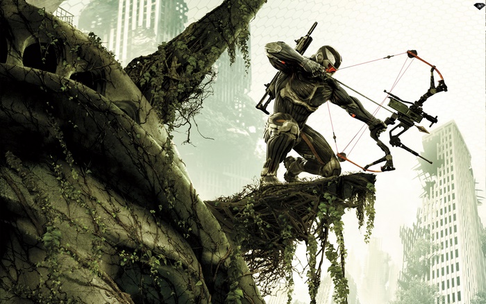 Prophet from Crysis with a bow in ruined city