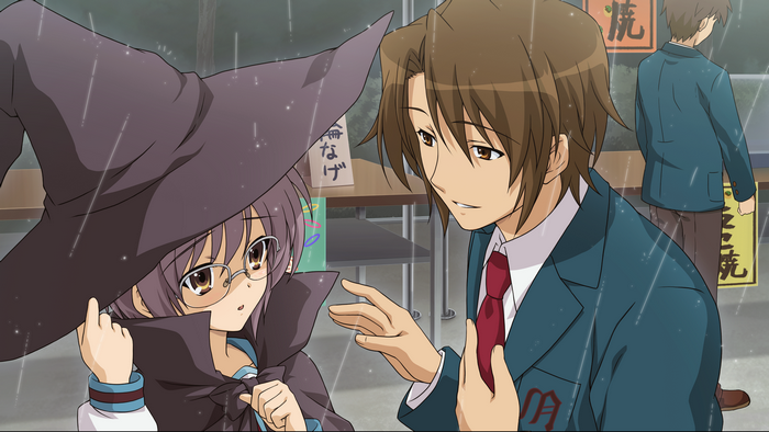 Kyon and Mikuru Asahina from The Melancholy of Haruhi Suzumiya in the rain