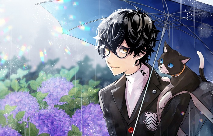 Akira Kurusu from Persona 5 with Morgana under an umbrella