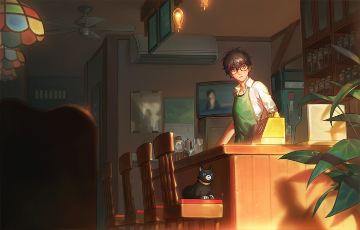 Akira Kurusu from Persona 5 at a cafe