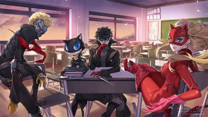 Ryuji, Joker, Panther, and Morgana from Persona 5 in a classroom