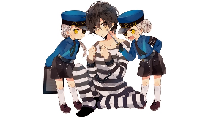 Akira Kurusu from Persona 5 with two police girls
