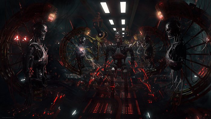 Dark Futuristic Terminator Robots in High-Tech Chamber