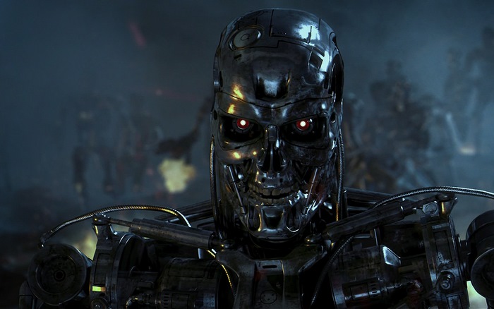 Futuristic Metallic Terminator Robot with Red Eyes