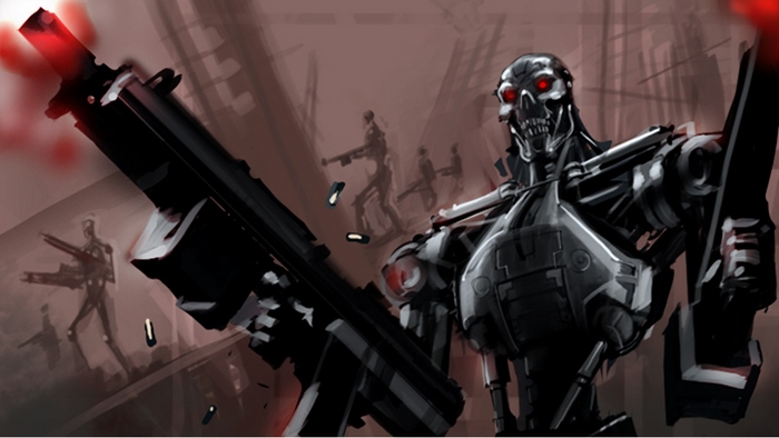Terminator robots with guns in a battle