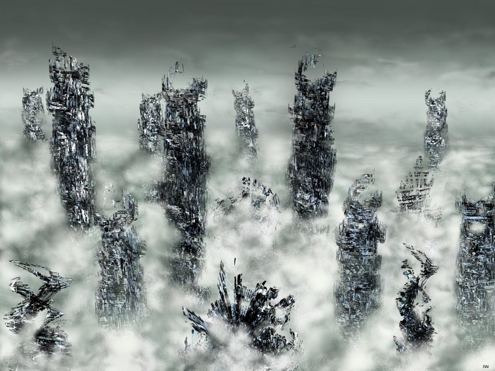 Futuristic city ruins in clouds