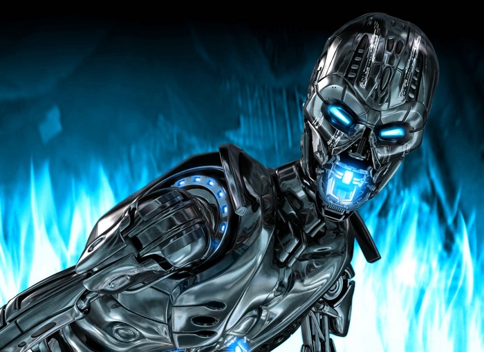 Terminator robot with blue glowing eyes