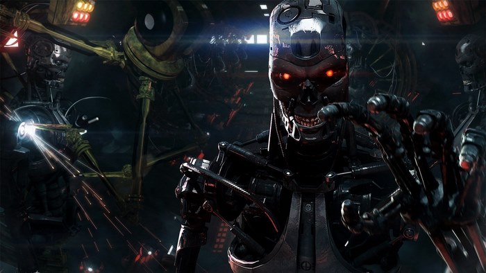 Dark Futuristic Terminator Robot with Red Eyes
