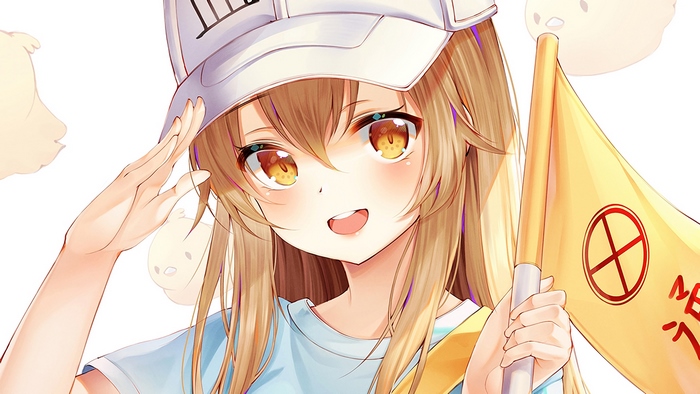 Cheerful Platelet from Cells at Work! Saluting with Flag