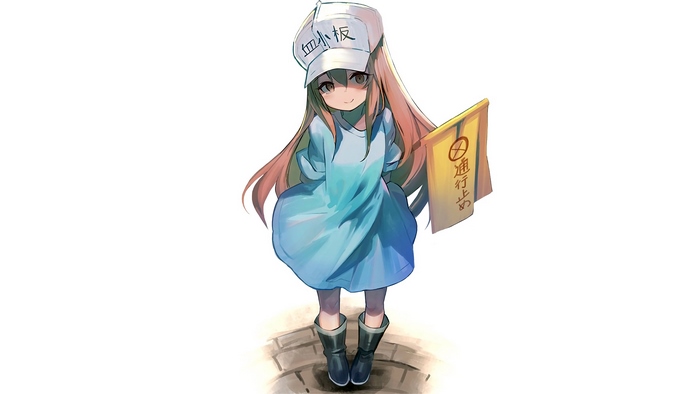 Platelet from Cells at Work! holding a sign