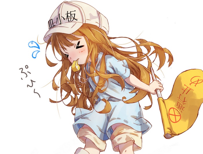 Platelet from Cells at Work! holding a flag