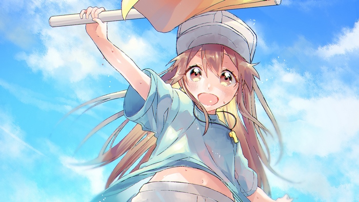 Platelet from Cells at Work! holding a flag