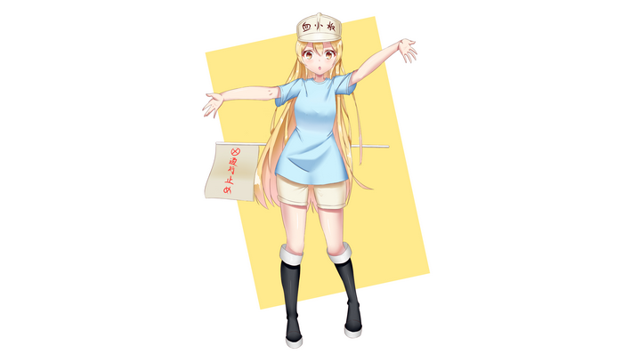 Platelet from Cells at Work! holding a sign