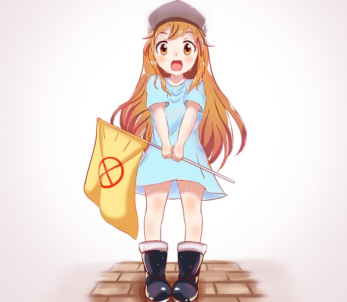 Platelet from Cells at Work! holding a flag