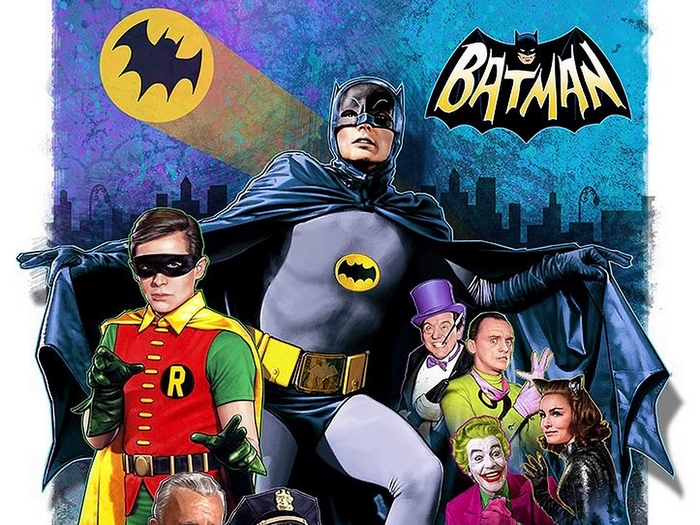 Batman and Robin with villains from Batman TV series