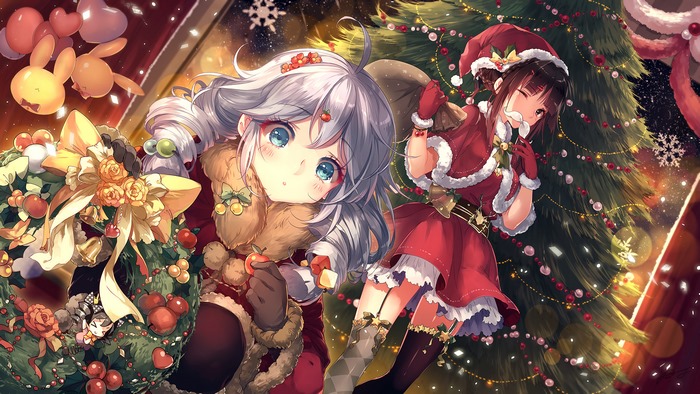 Anime girls in Santa outfits with Christmas tree and wreath