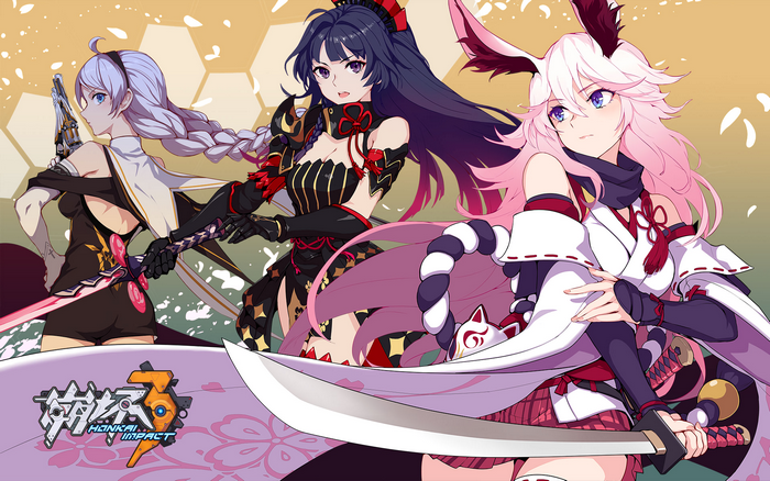 Three girls from Honkai Impact 3rd with swords