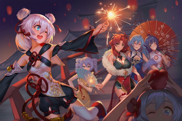 Kiana Kaslana and friends celebrating with sparklers