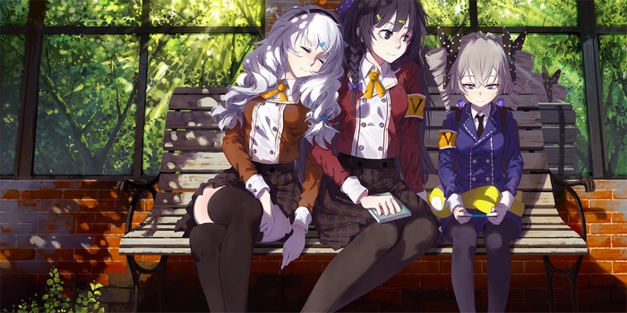 Three anime girls sitting on a bench
