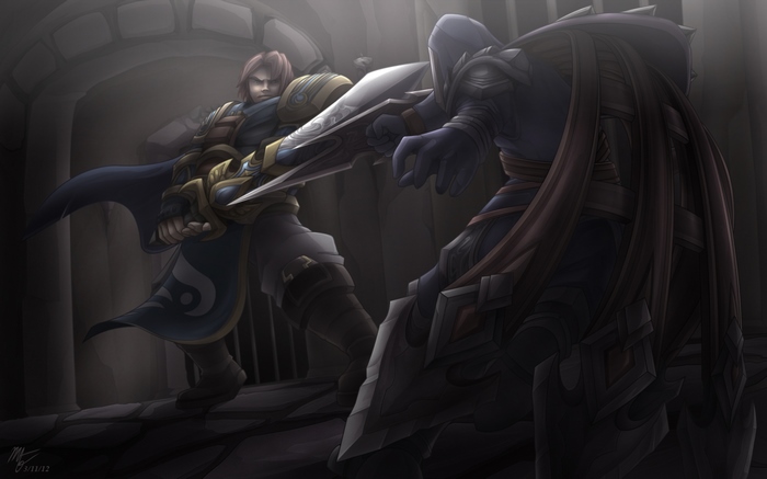 Garen from League of Legends fighting another character