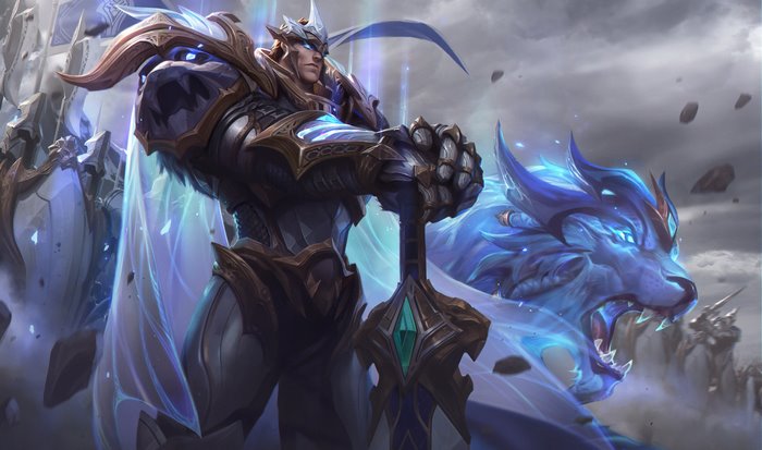 Garen from League of Legends with a blue wolf