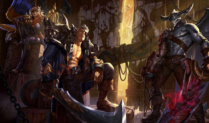 League of Legends characters in a ship interior
