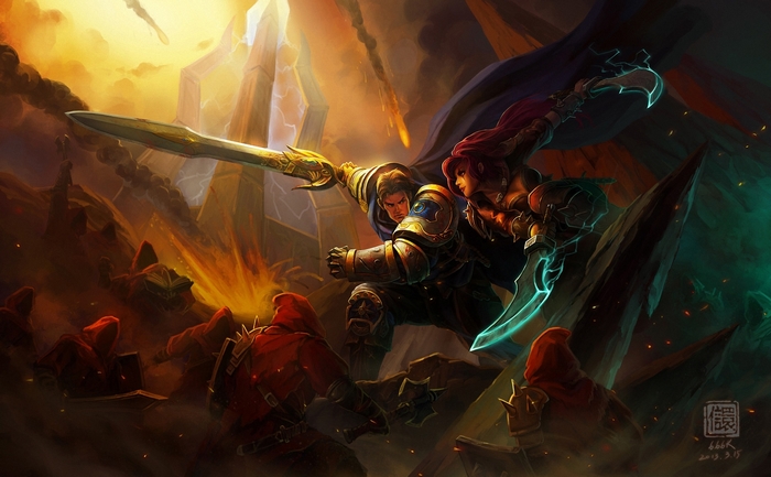 Garen and Katarina from League of Legends in battle