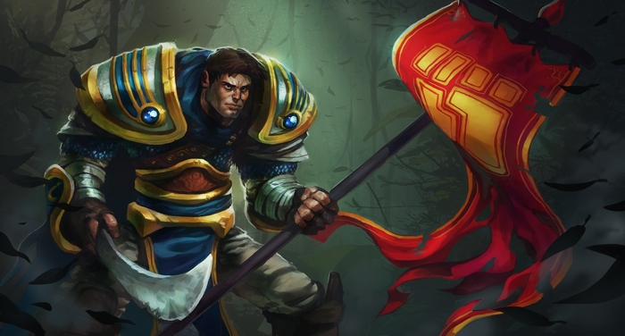 Garen from League of Legends holding a banner