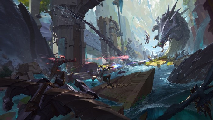 League of Legends characters fighting a large monster