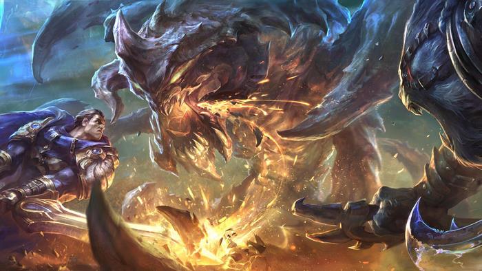 Garen from League of Legends fighting a monster