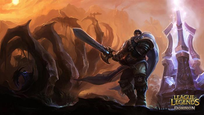 Garen from League of Legends in a desolate landscape
