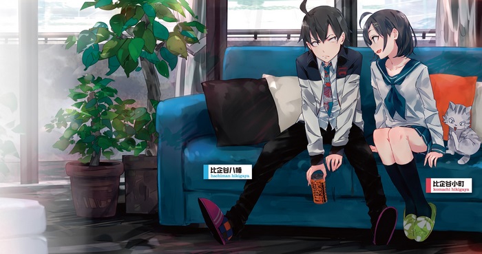 Hachiman and Komachi Hikigaya with a cat