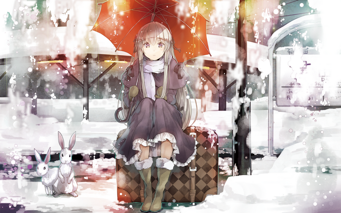 Sora Kasugano in Winter with Umbrella and Suitcase