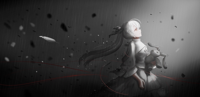 Girl with white hair holding a stuffed rabbit in the rain