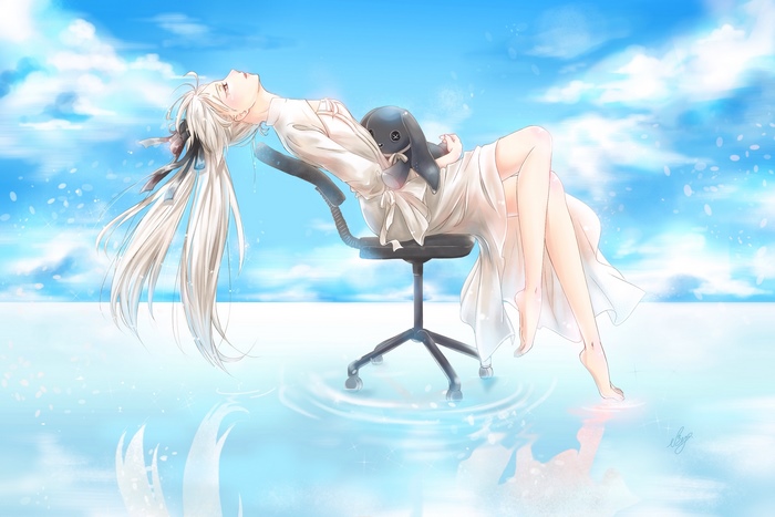 Sora Kasugano sitting on a chair in water