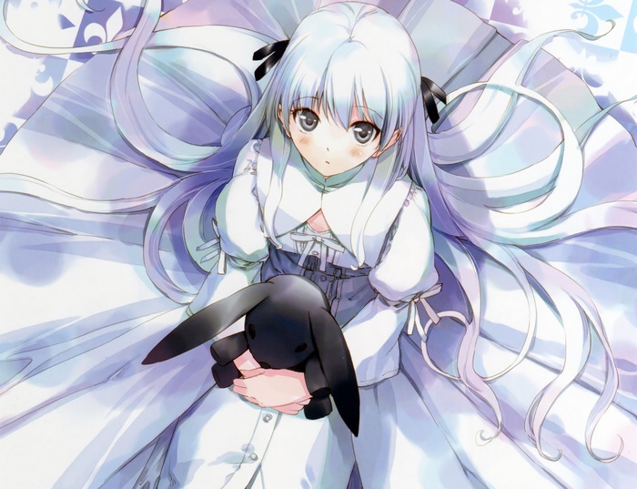 Sora Kasugano holding a black bunny plush