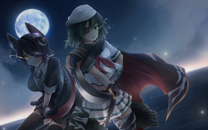Tenryuu from Kancolle in front of the moon